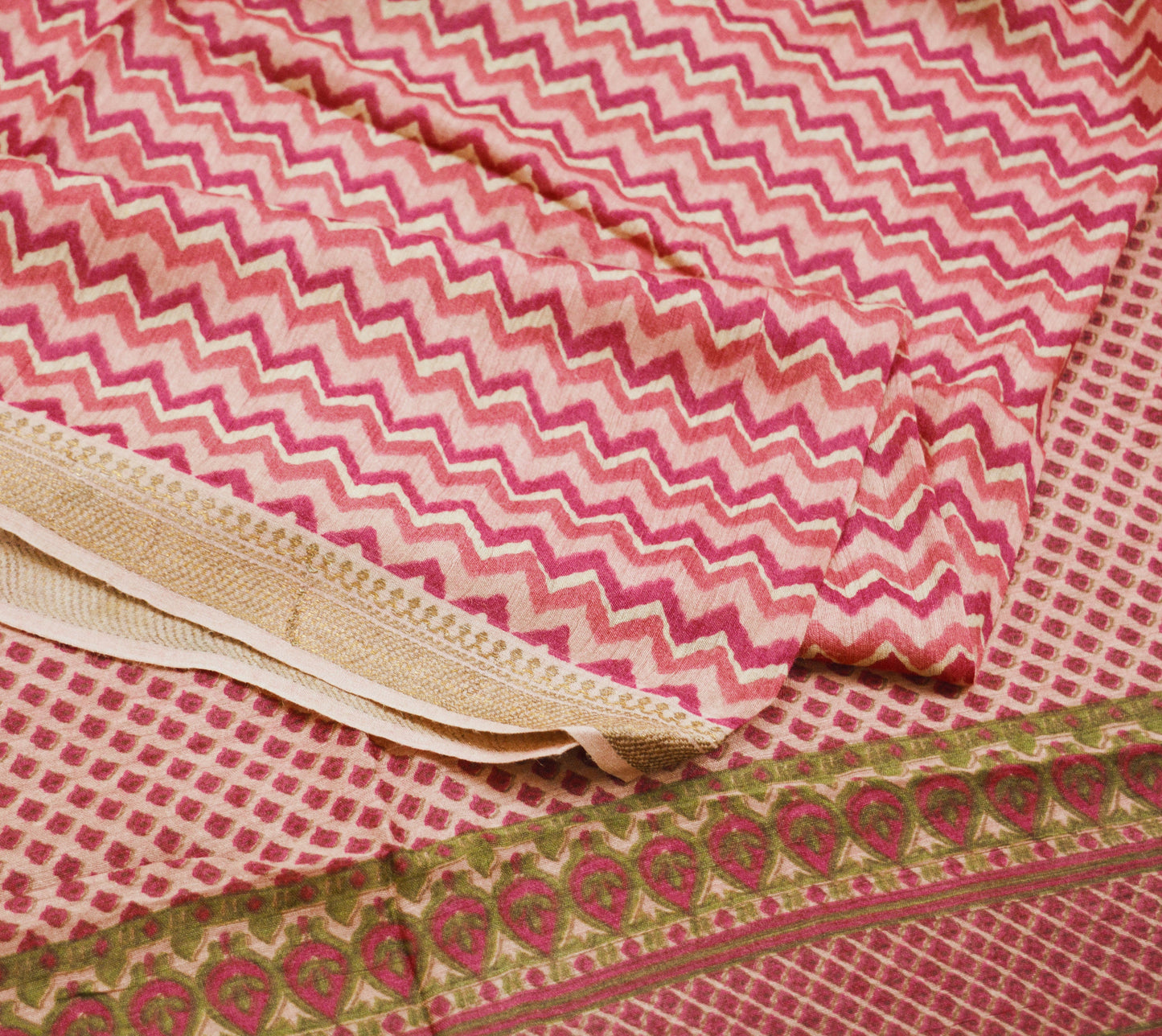 Indian Vintage Peach Dupatta Long Stole Hand Block Print Pure Chanderi Silk Indian Scarves Veil Golden Zari