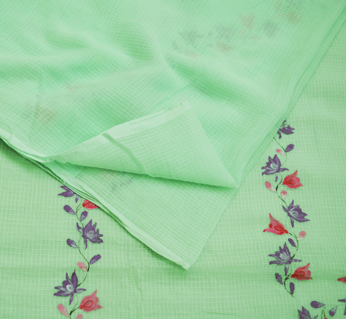 Indian Vintage Sari Green Hand Painted Pure Cotton Saree Craft Soft Fabric 5Yard Sewing Sarong Wrap Boho Floral