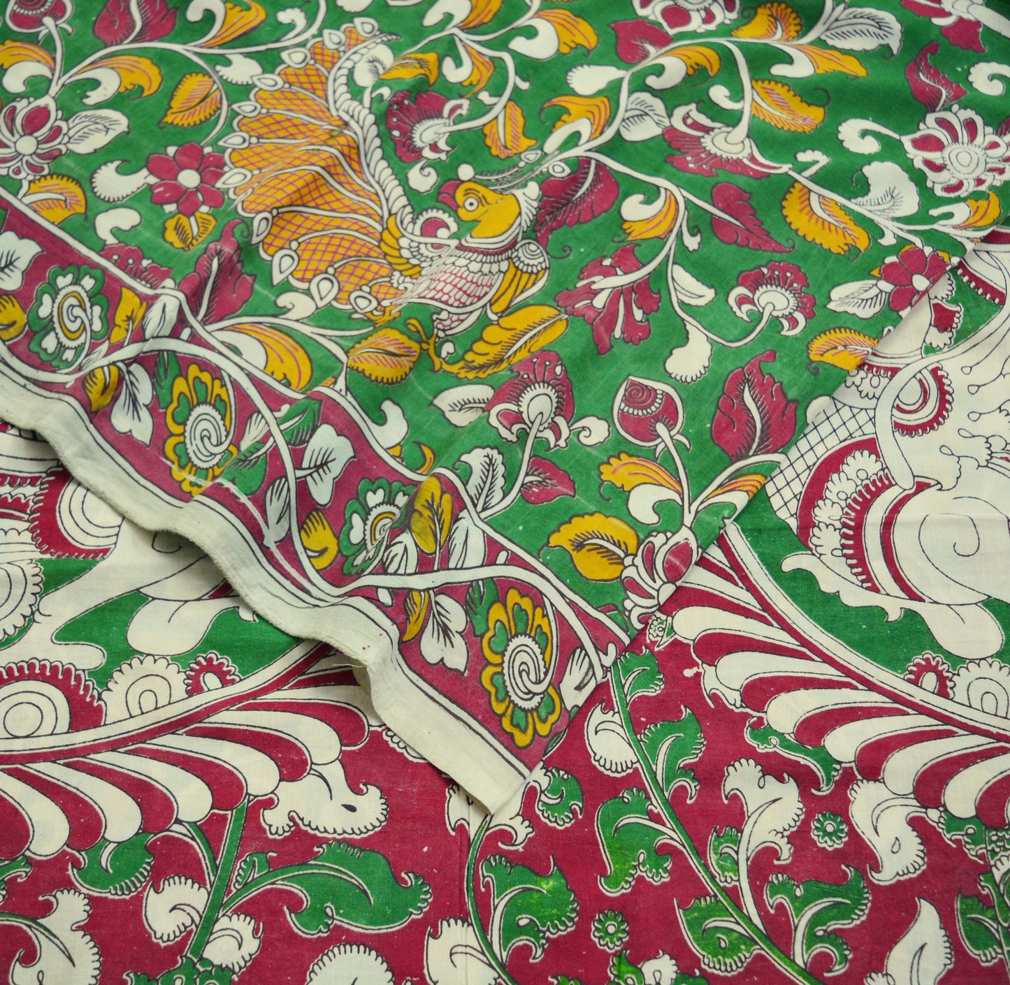 Indian Vintage Sari Kalamkari Printed Pure Cotton Saree Fabric Soft Floral 5Yd Sarong Wrap Fabric Peacock