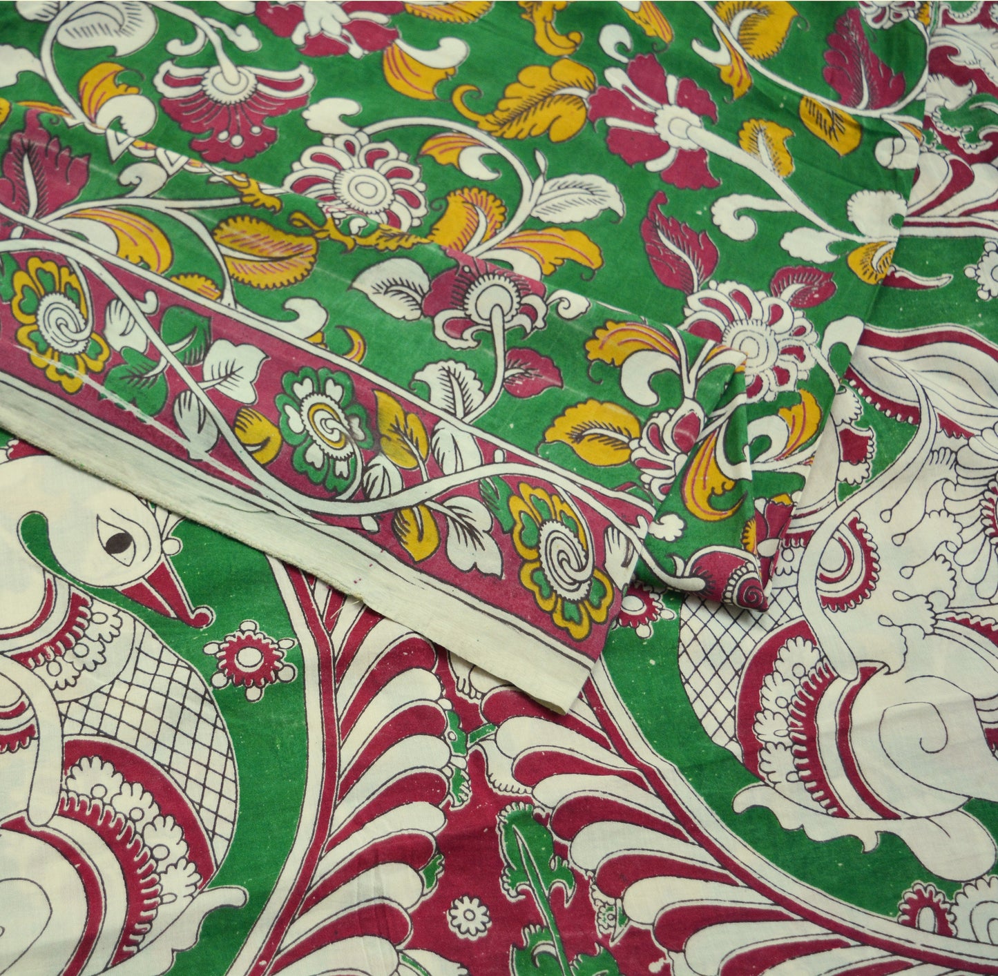 Indian Vintage Sari Kalamkari Printed Pure Cotton Saree Fabric Soft Floral 5Yd Sarong Wrap Fabric Peacock