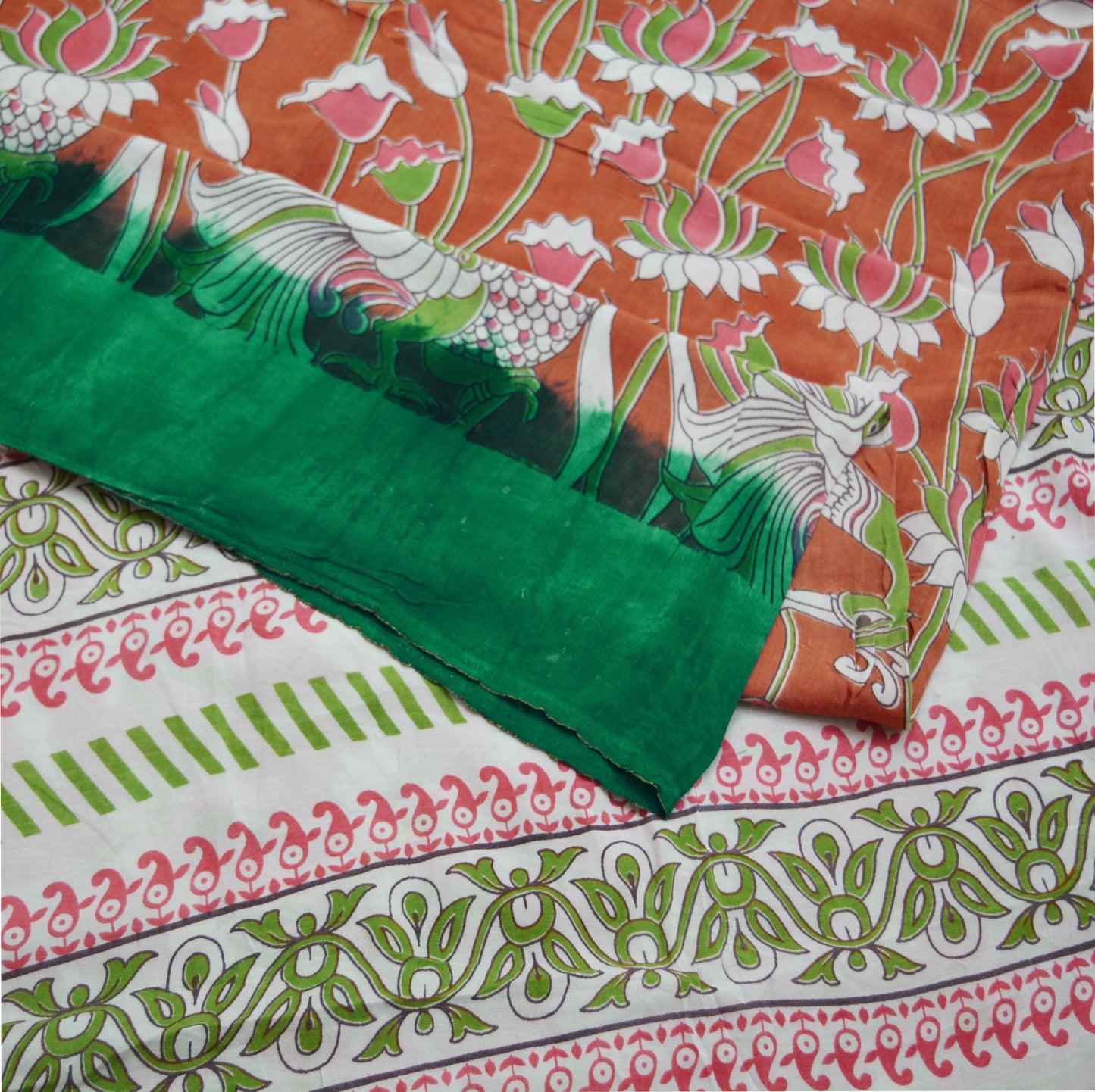 Indian Vintage Sari Kalamkari Printed Pure Cotton Saree Fabric Soft Floral 5Yd Sarong Wrap Fabric Peacock