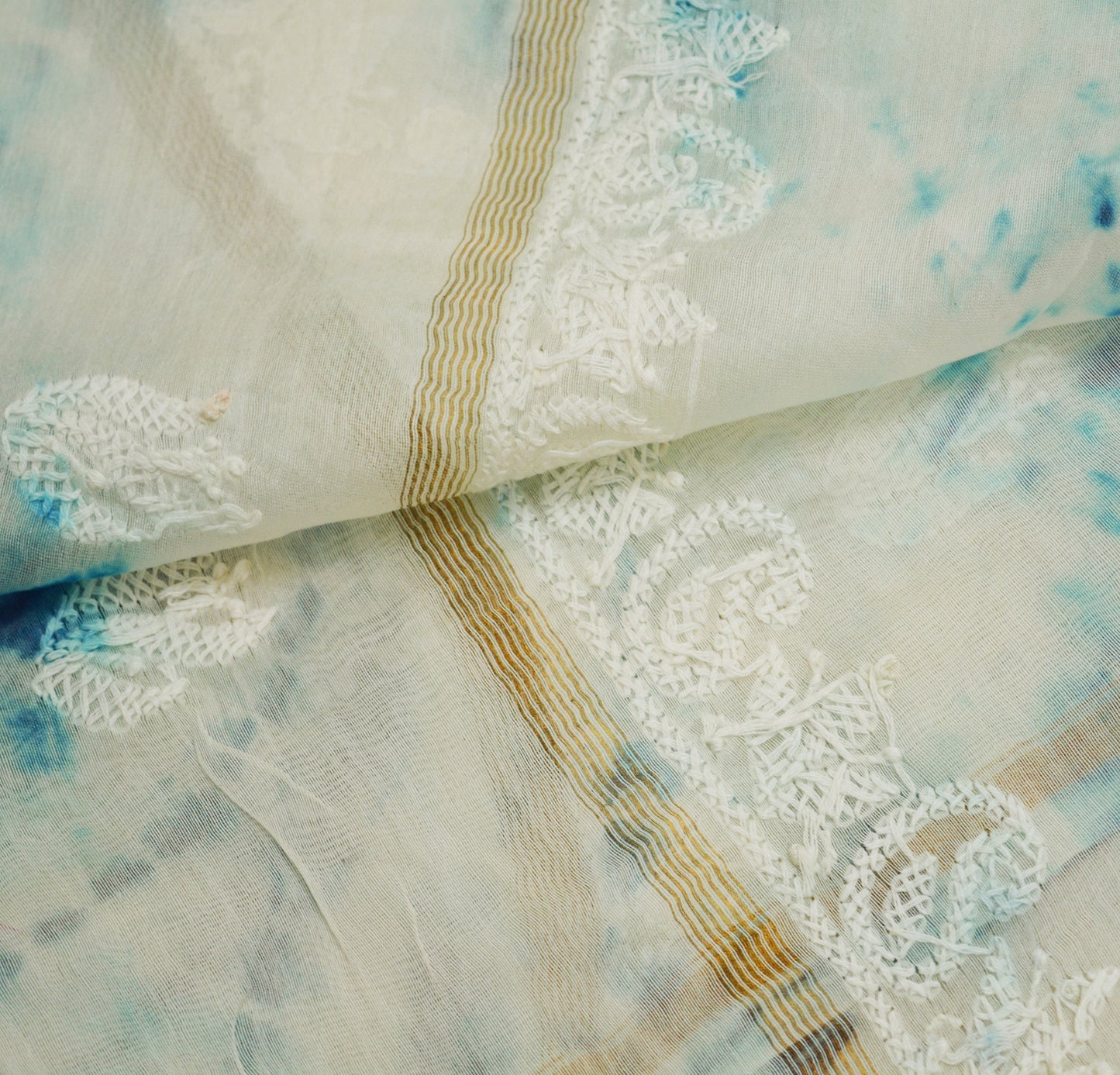 Indian Vintage White Dupatta Long Stole Pure Chanderi silk Tie dye Handmade Chikankari Indian Scarves Veil Scarf Wrap Zari