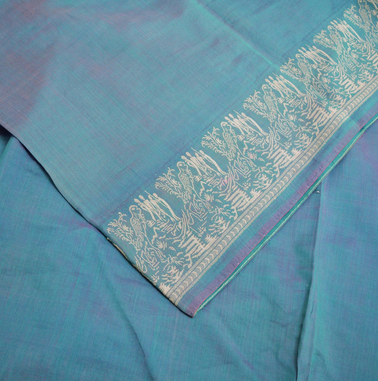 Vintage Blue Saree Pure Cotton Hand Woven Indian Sari 5Yard Soft Floral Ethnic Humans