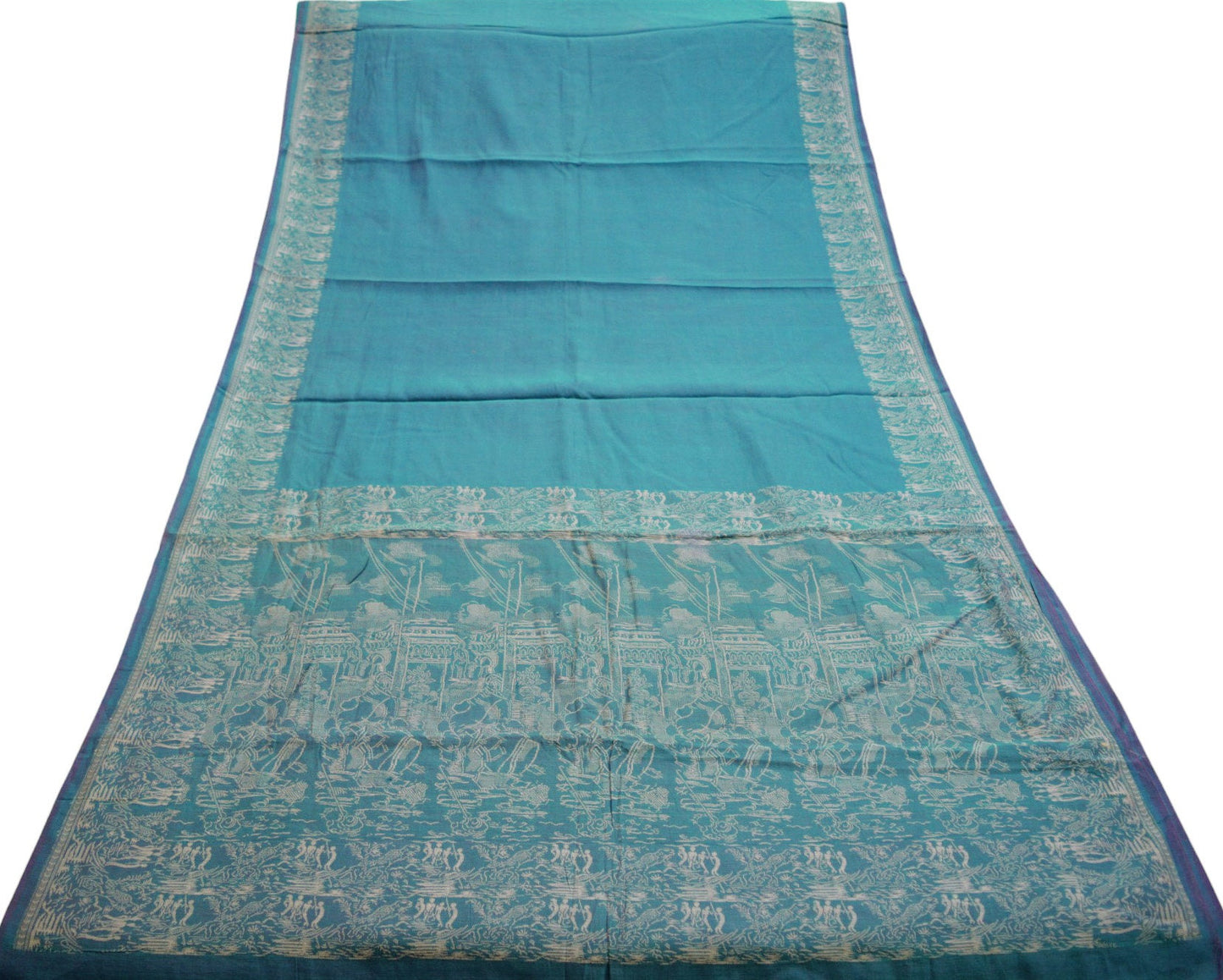 Vintage Blue Saree Pure Cotton Hand Woven Indian Sari 5Yard Soft Floral Ethnic Humans
