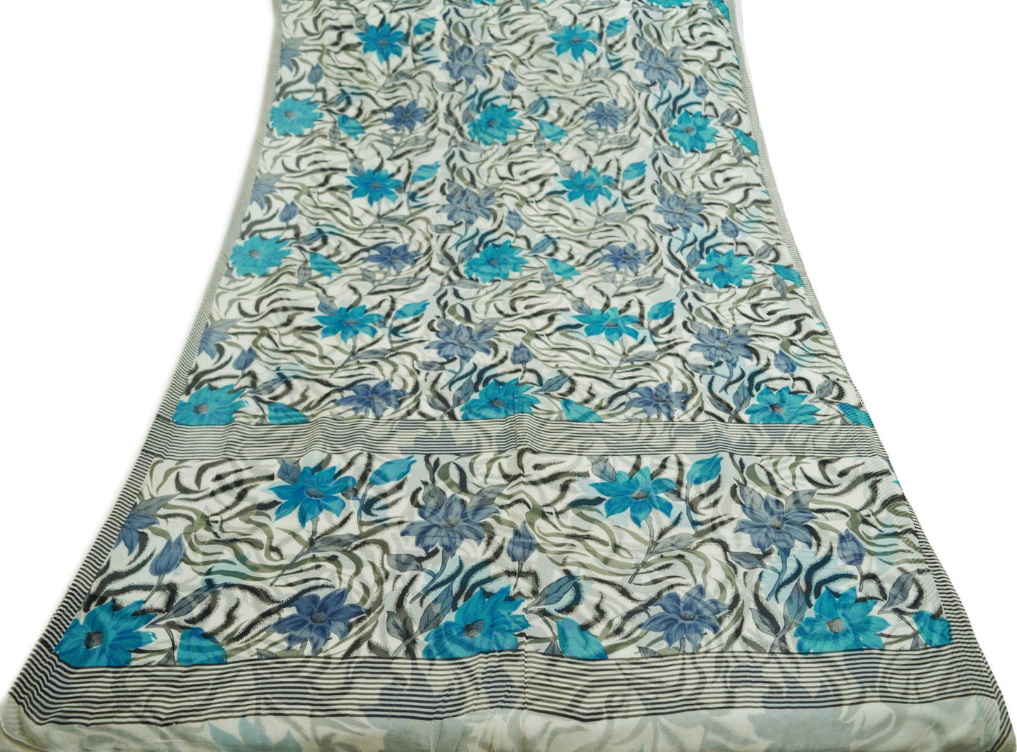 Indian Women Vintage Sari White 100% Pure Georgette Silk Printed Saree Sewing 5yard Soft Craft Square Design