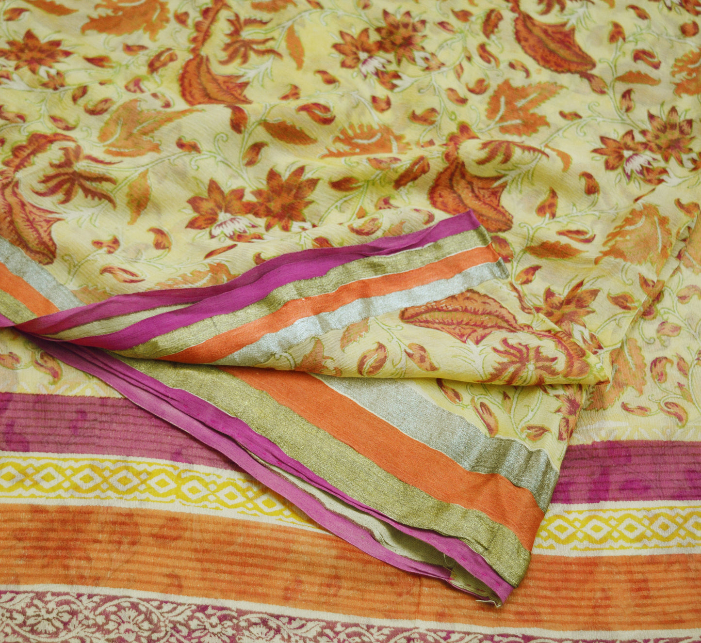 Women Vintage Sari Yellow Pure Chiffon Silk Printed Saree Craft Fabric Sewing 6Yard Soft Light Sari Dress Making Zari