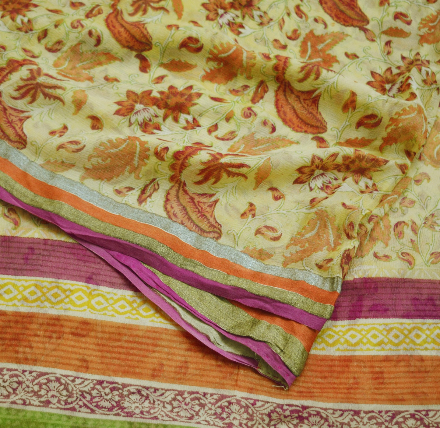 Women Vintage Sari Yellow Pure Chiffon Silk Printed Saree Craft Fabric Sewing 6Yard Soft Light Sari Dress Making Zari