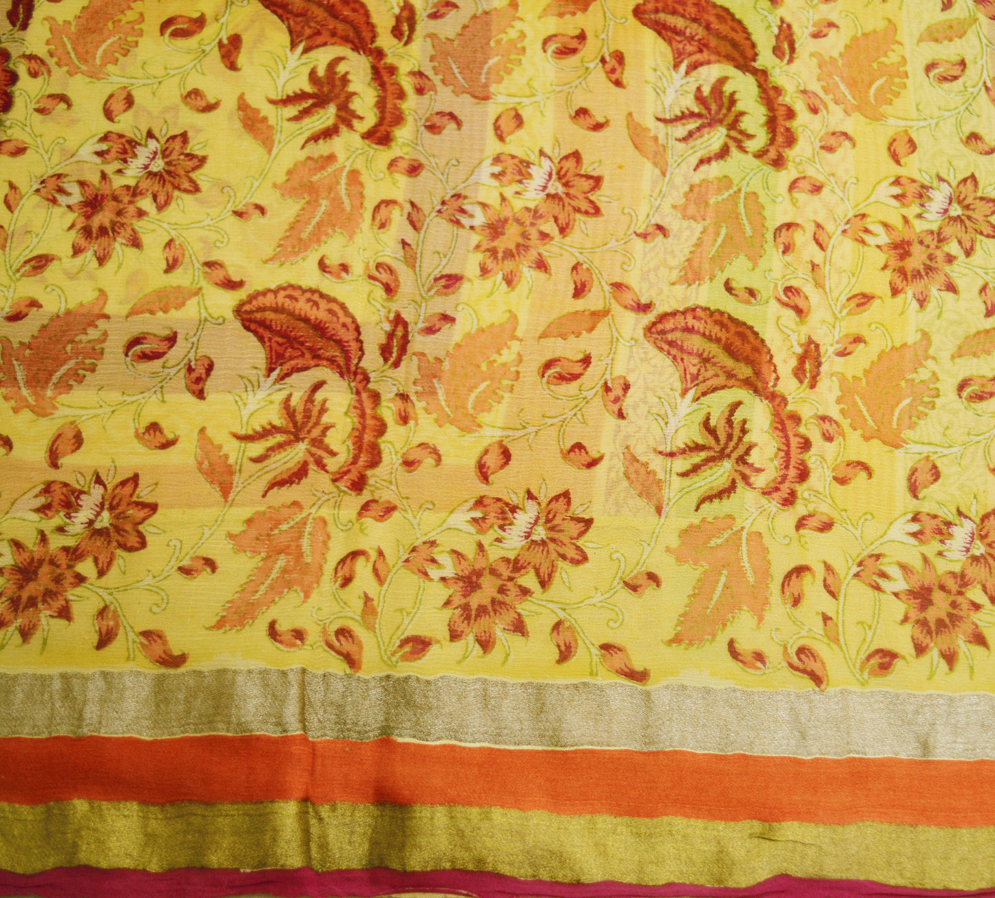 Women Vintage Sari Yellow Pure Chiffon Silk Printed Saree Craft Fabric Sewing 6Yard Soft Light Sari Dress Making Zari