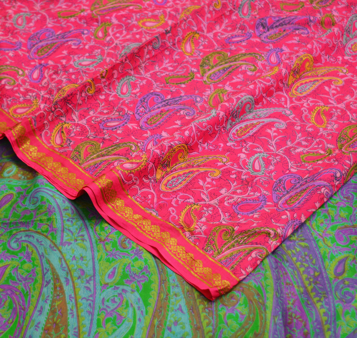 Indian Vintage Sari Pink & Green 100% Pure Silk Printed Saree 6yard Sewing Craft Fabric DressMaking Soft Golden Zari