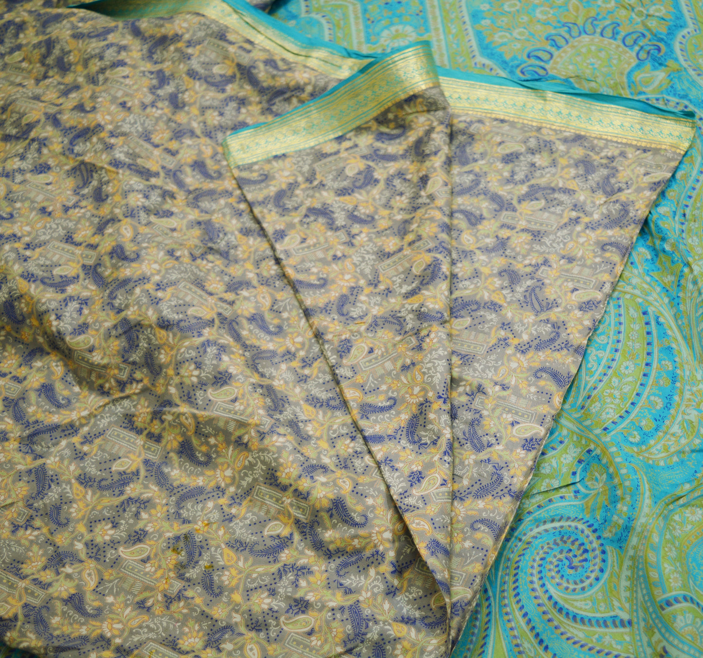 Indian Vintage Sari Blue & Gray Pure Silk Printed Saree Fabric 5yard Sewing Craft Fabric DressMaking Soft Wrap Zari