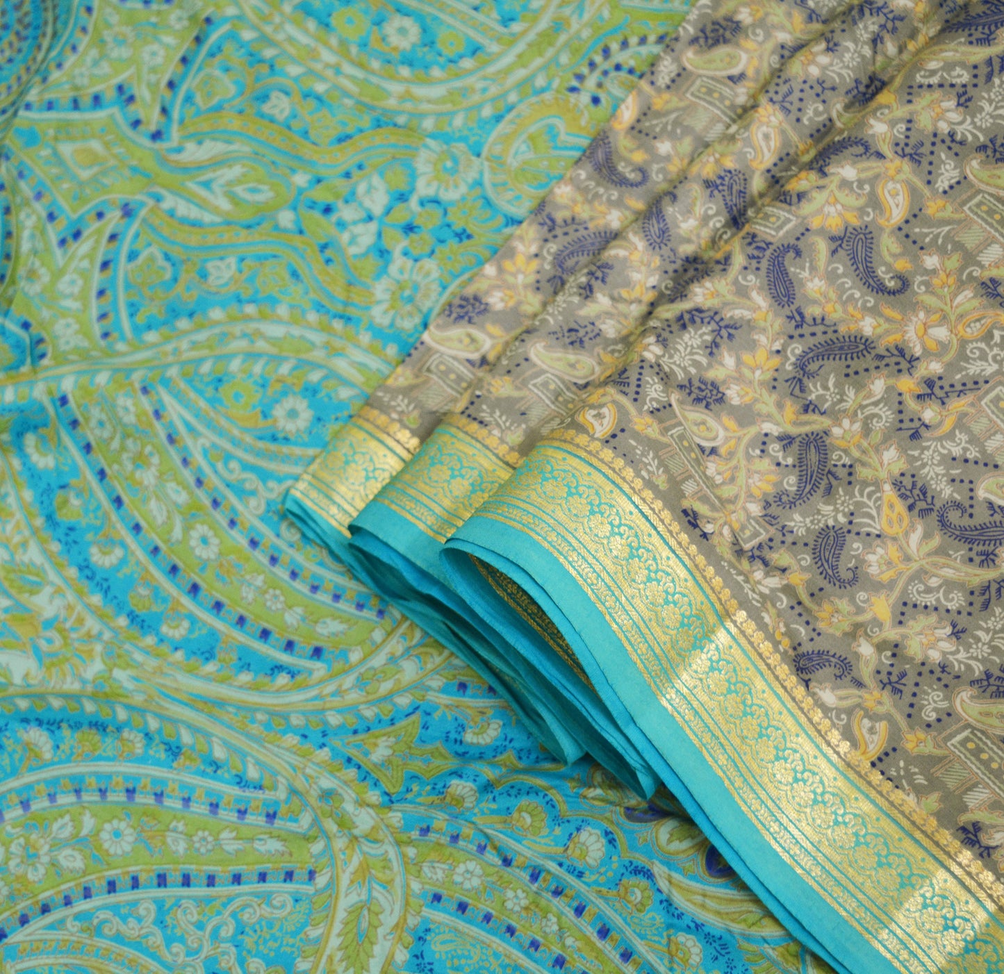 Indian Vintage Sari Blue & Gray Pure Silk Printed Saree Fabric 5yard Sewing Craft Fabric DressMaking Soft Wrap Zari
