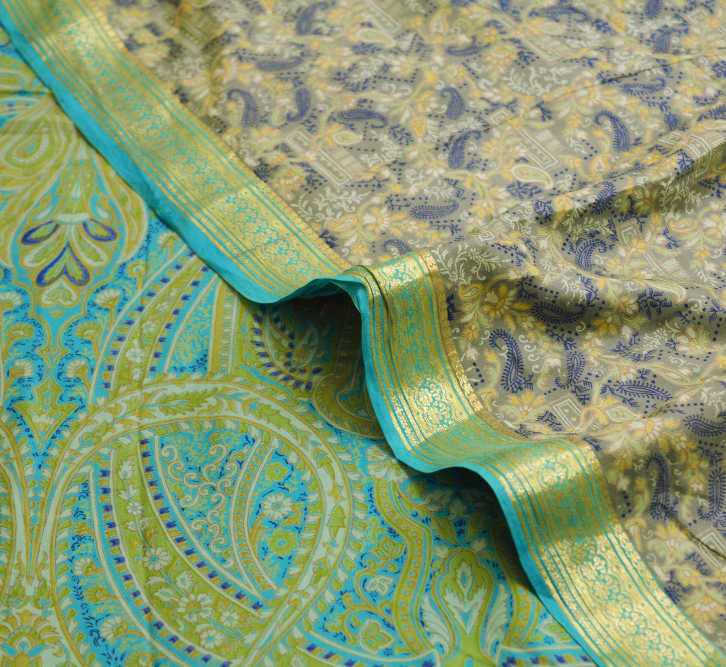 Indian Vintage Sari Blue & Gray Pure Silk Printed Saree Fabric 5yard Sewing Craft Fabric DressMaking Soft Wrap Zari