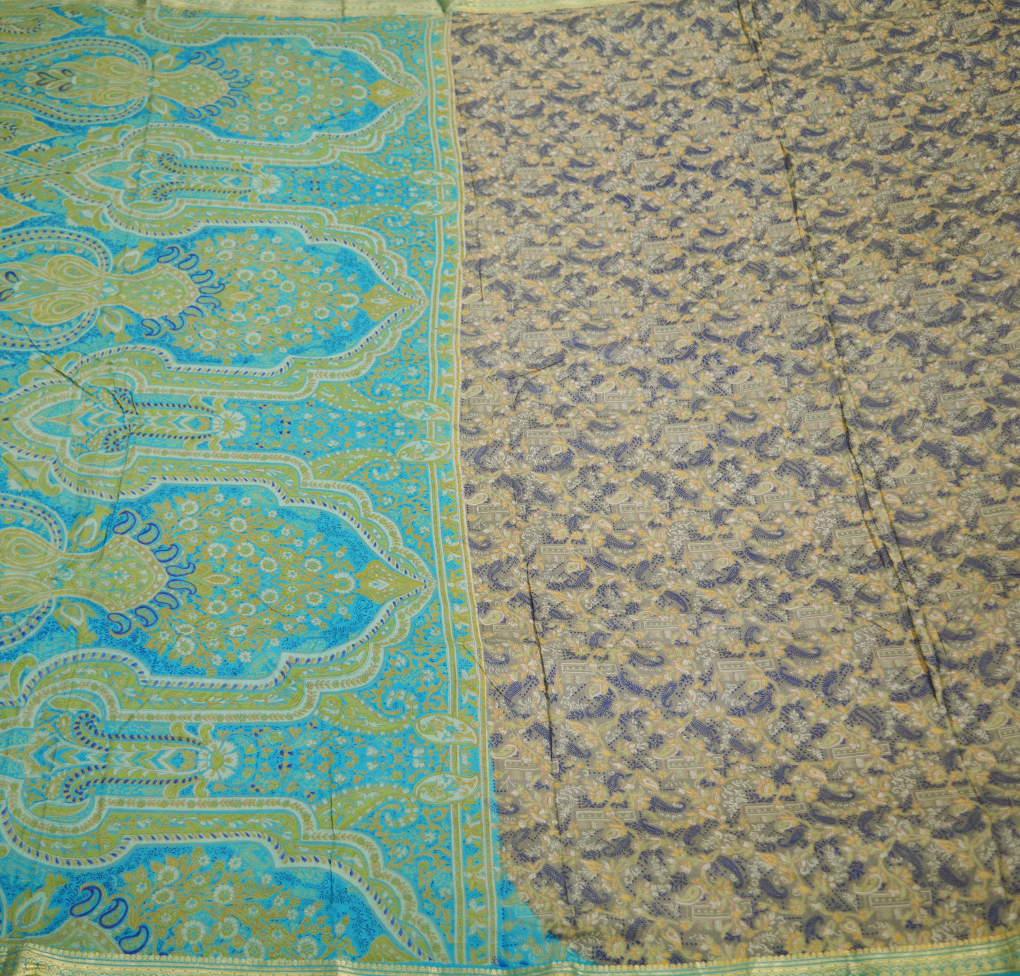 Indian Vintage Sari Blue & Gray Pure Silk Printed Saree Fabric 5yard Sewing Craft Fabric DressMaking Soft Wrap Zari