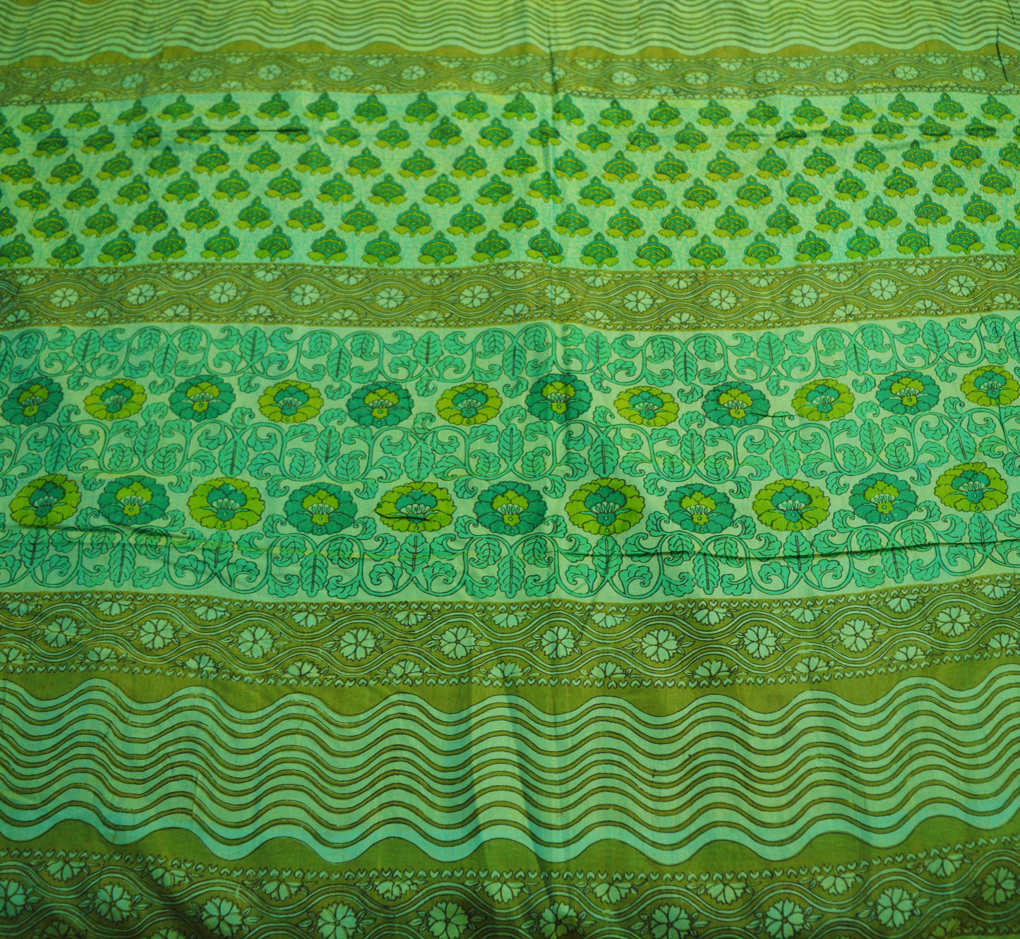 Indian Vintage Sari Green Pure Silk Printed Saree 5yard Sewing Craft Fabric DressMaking Soft Golden Zari