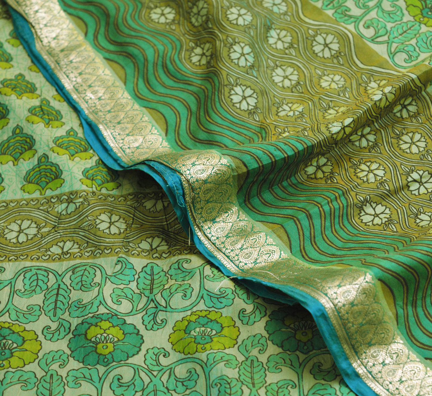 Indian Vintage Sari Green Pure Silk Printed Saree 5yard Sewing Craft Fabric DressMaking Soft Golden Zari
