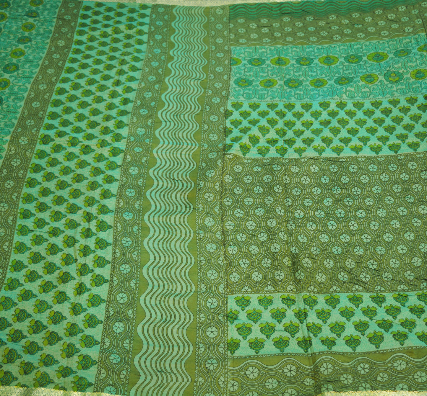 Indian Vintage Sari Green Pure Silk Printed Saree 5yard Sewing Craft Fabric DressMaking Soft Golden Zari