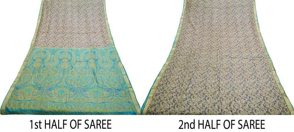 Indian Vintage Sari Blue & Gray Pure Silk Printed Saree Fabric 5yard Sewing Craft Fabric DressMaking Soft Wrap Zari