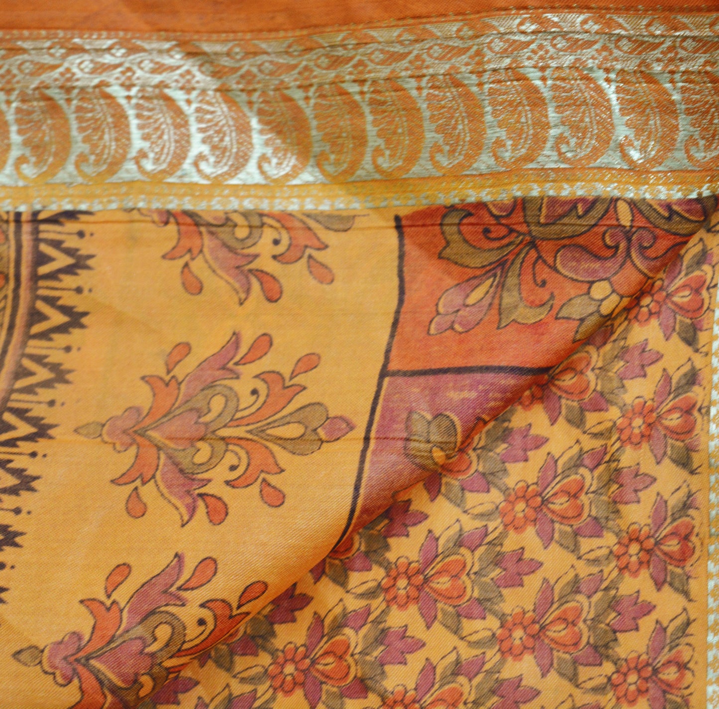 Indian Vintage Sari Orange 100% Pure Silk Printed Saree Fabric 5yard Sewing Craft Fabric DressMaking Soft Wrap Zari