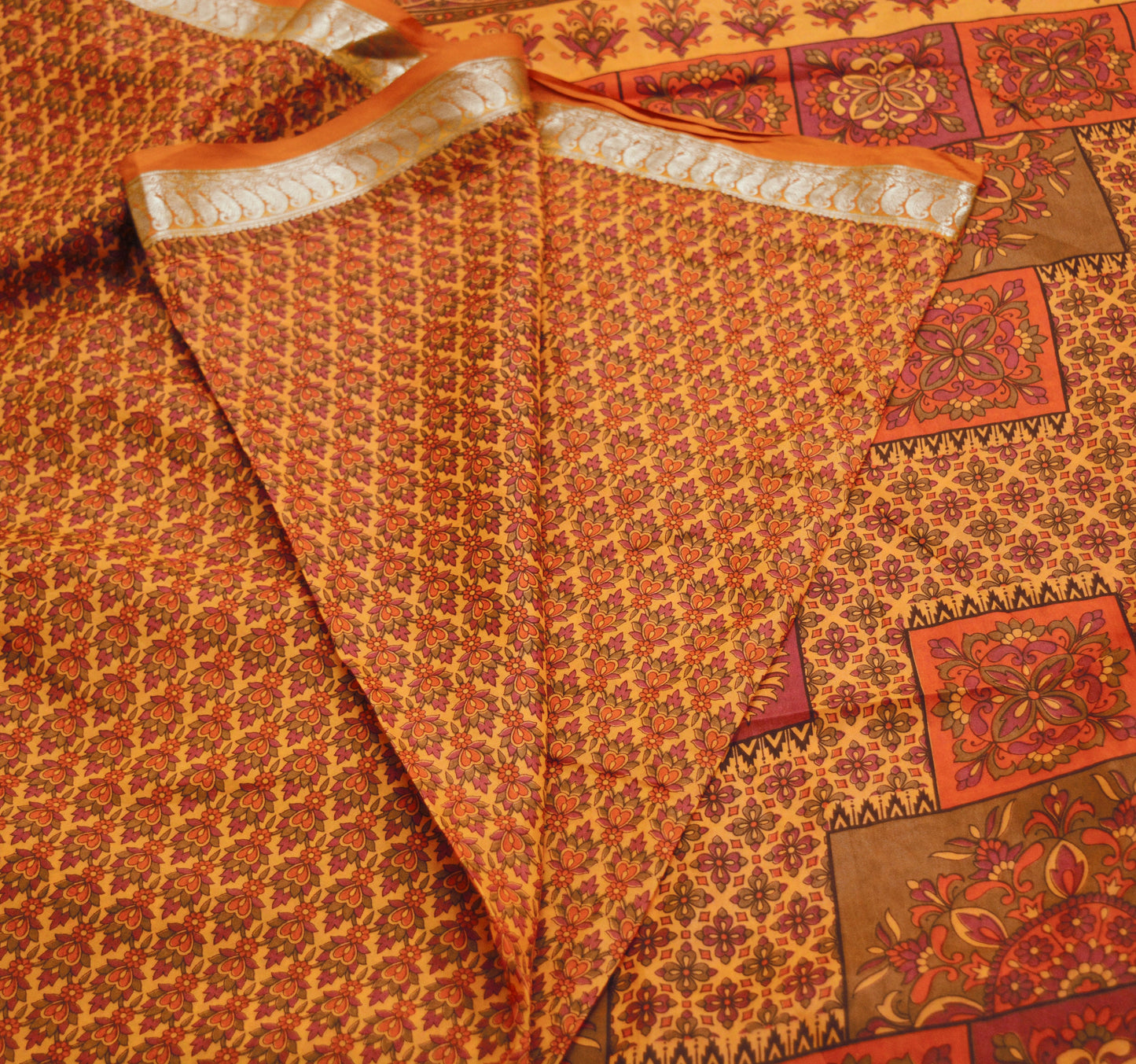 Indian Vintage Sari Orange 100% Pure Silk Printed Saree Fabric 5yard Sewing Craft Fabric DressMaking Soft Wrap Zari