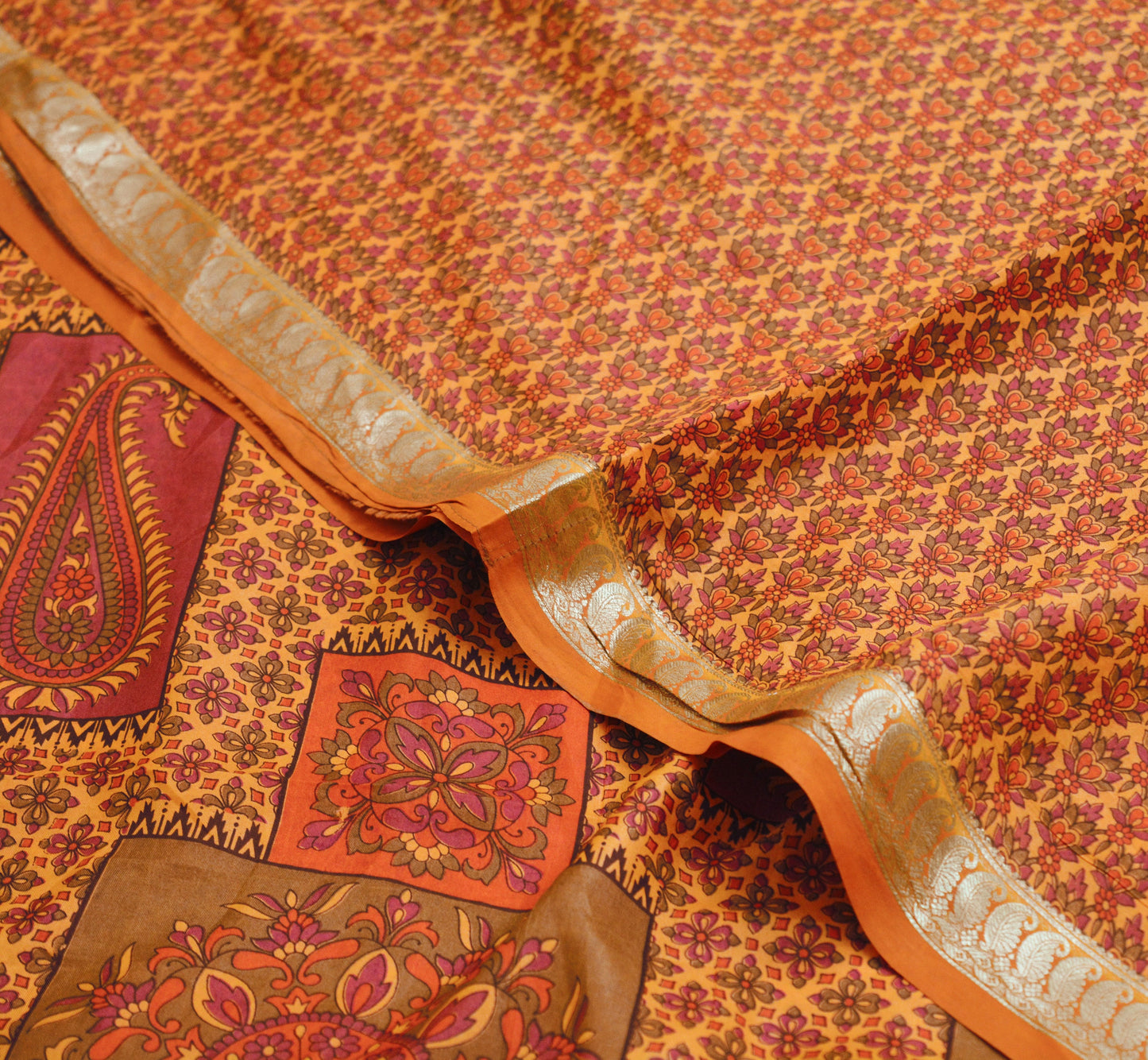 Indian Vintage Sari Orange 100% Pure Silk Printed Saree Fabric 5yard Sewing Craft Fabric DressMaking Soft Wrap Zari
