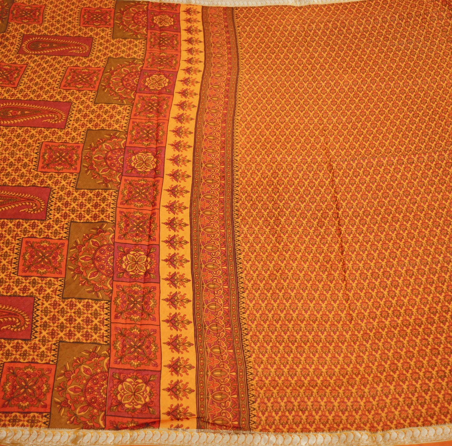 Indian Vintage Sari Orange 100% Pure Silk Printed Saree Fabric 5yard Sewing Craft Fabric DressMaking Soft Wrap Zari
