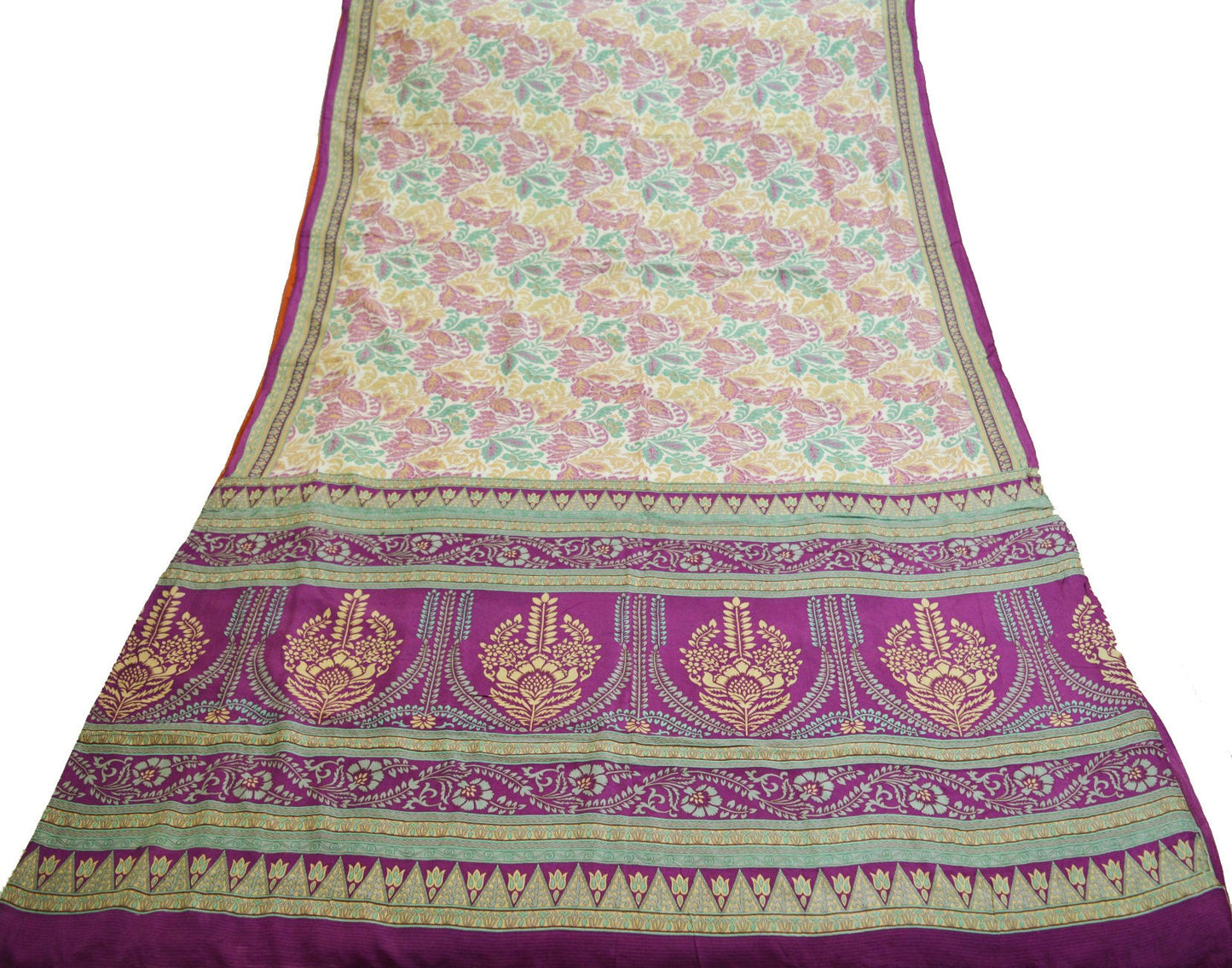 Indian Vintage Sari Purple & Ivory Pure Silk Printed Saree Fabric 6yd Sewing Craft Fabric DressMaking Floral