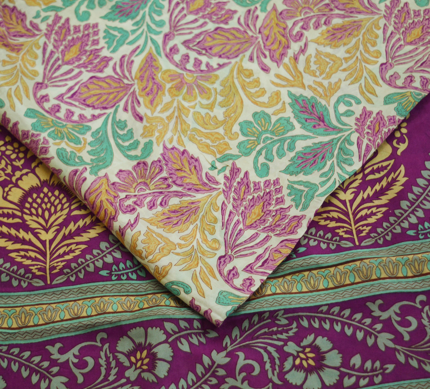 Indian Vintage Sari Purple & Ivory Pure Silk Printed Saree Fabric 6yd Sewing Craft Fabric DressMaking Floral