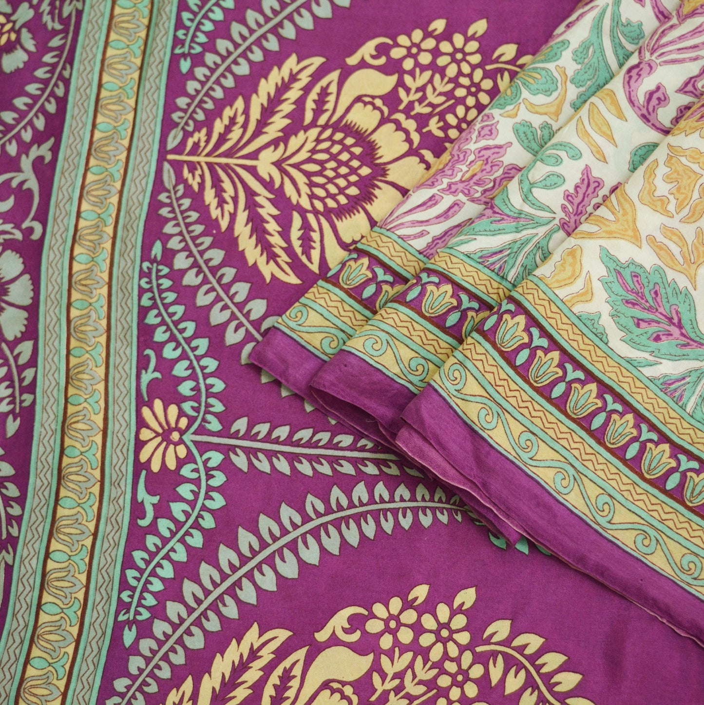 Indian Vintage Sari Purple & Ivory Pure Silk Printed Saree Fabric 6yd Sewing Craft Fabric DressMaking Floral