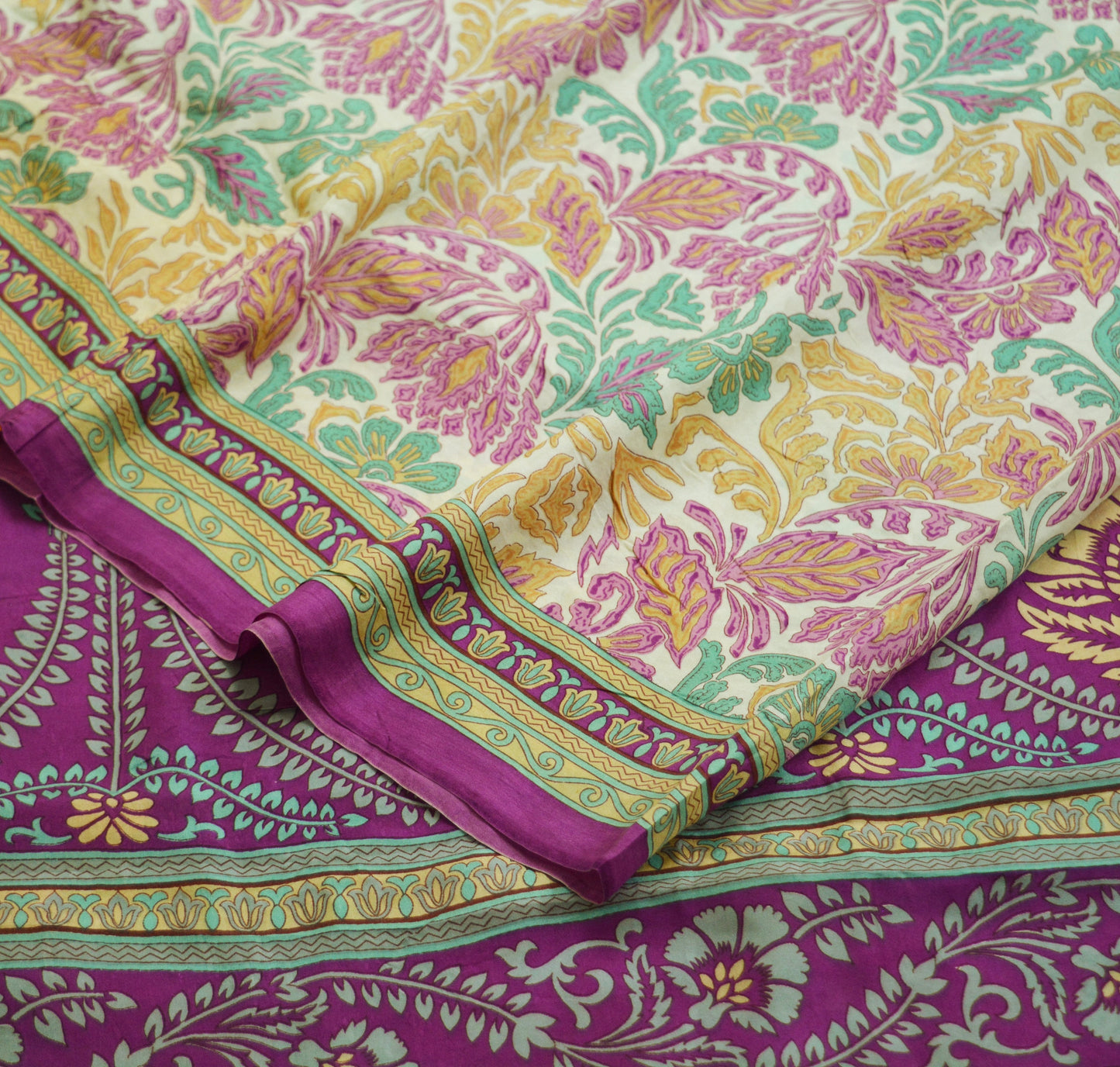 Indian Vintage Sari Purple & Ivory Pure Silk Printed Saree Fabric 6yd Sewing Craft Fabric DressMaking Floral