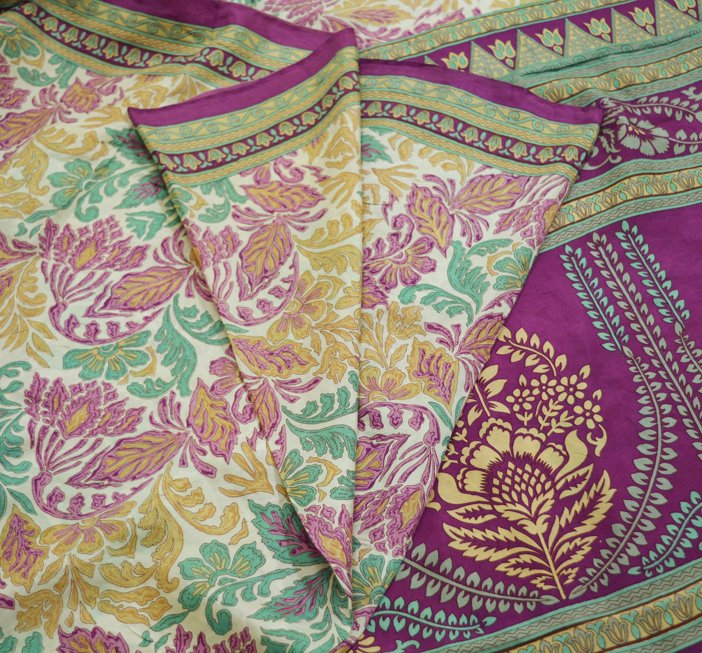 Indian Vintage Sari Purple & Ivory Pure Silk Printed Saree Fabric 6yd Sewing Craft Fabric DressMaking Floral