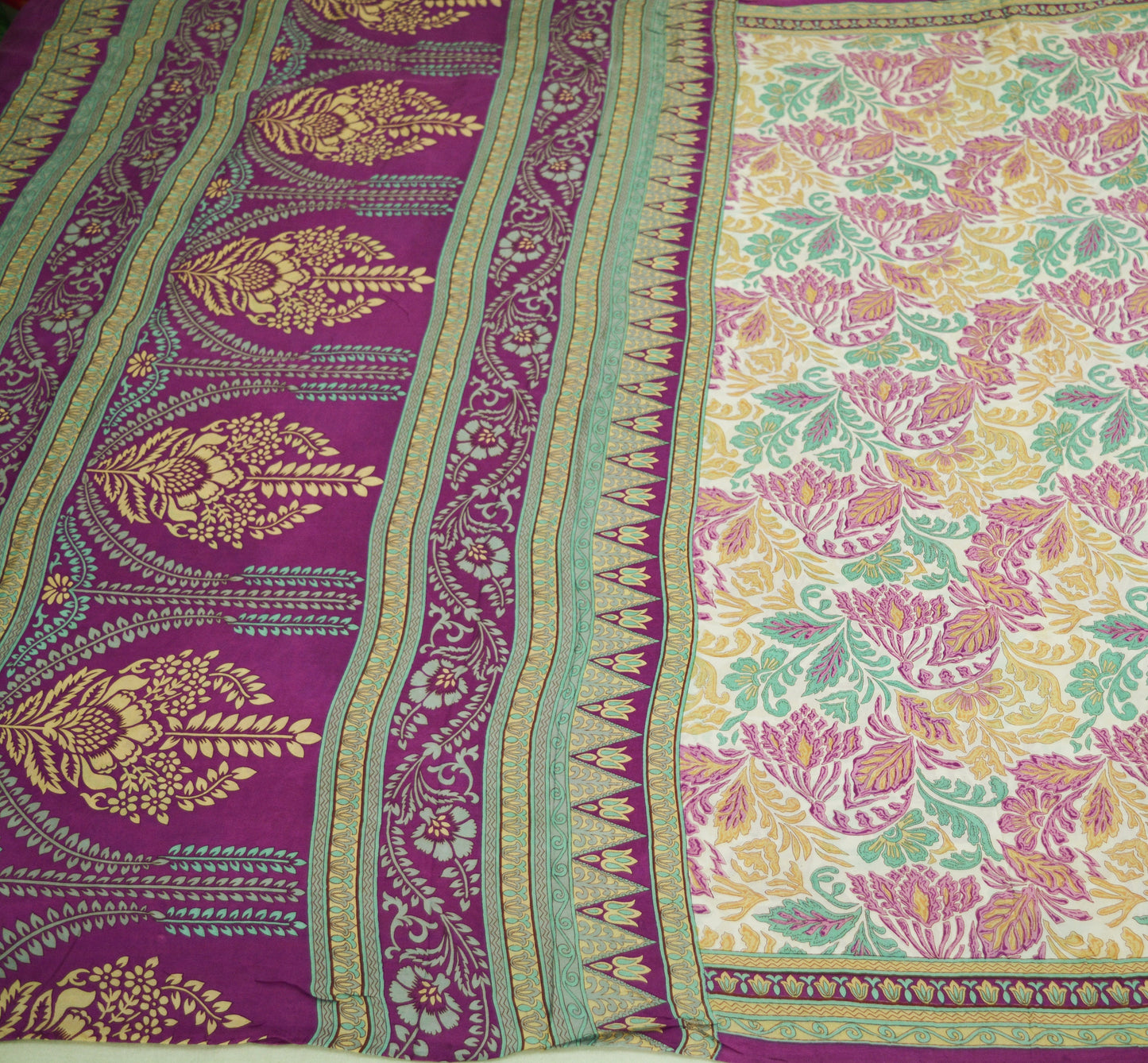 Indian Vintage Sari Purple & Ivory Pure Silk Printed Saree Fabric 6yd Sewing Craft Fabric DressMaking Floral