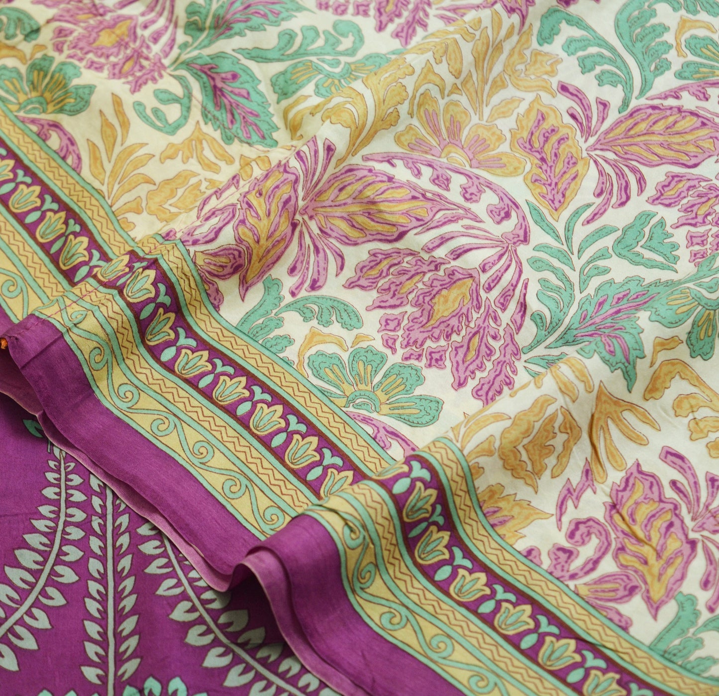 Indian Vintage Sari Purple & Ivory Pure Silk Printed Saree Fabric 6yd Sewing Craft Fabric DressMaking Floral