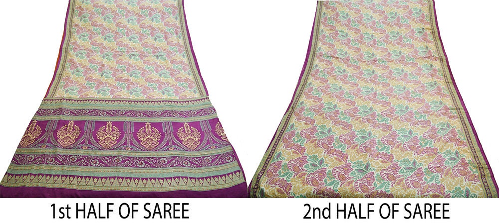 Indian Vintage Sari Purple & Ivory Pure Silk Printed Saree Fabric 6yd Sewing Craft Fabric DressMaking Floral