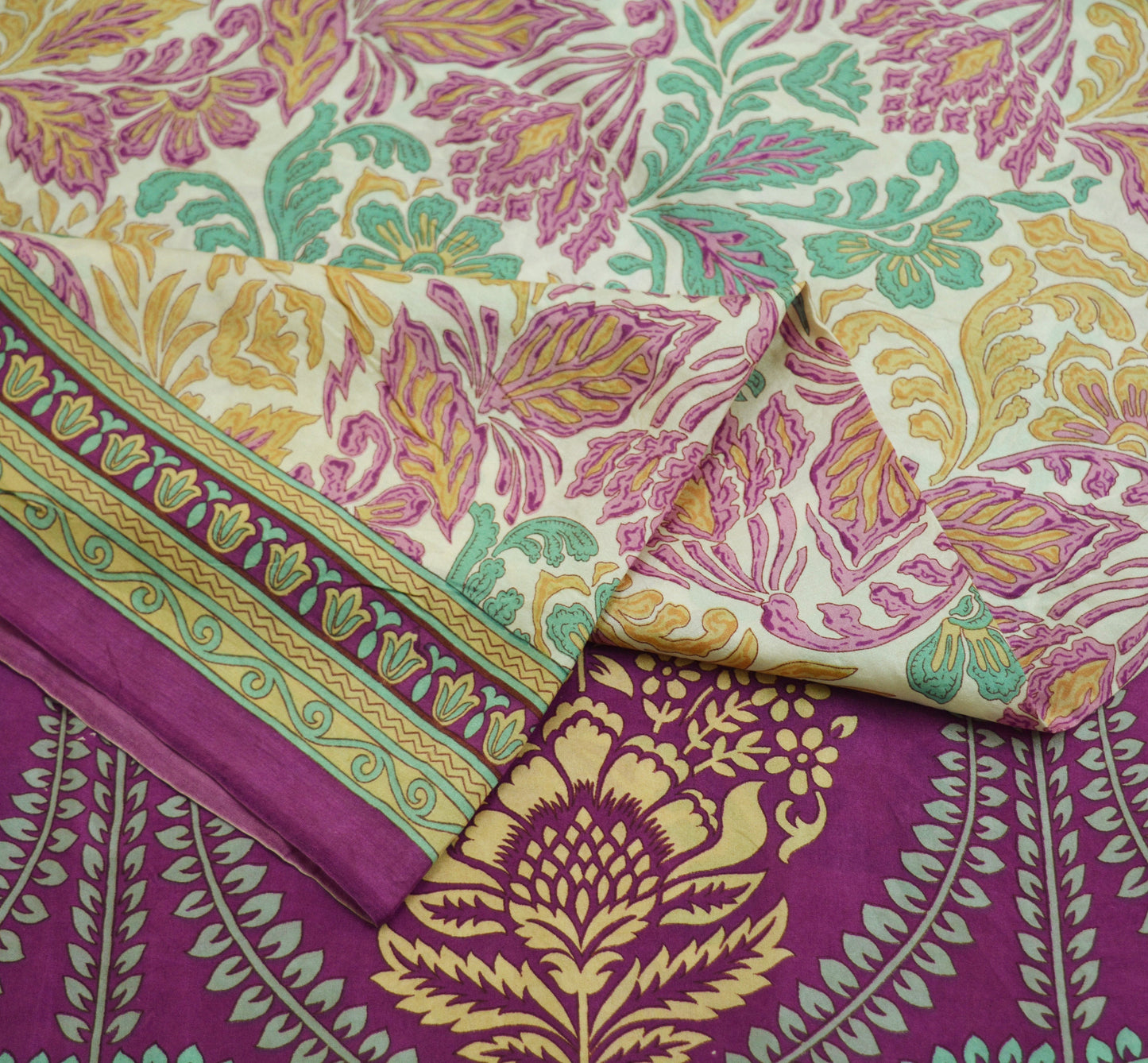Indian Vintage Sari Purple & Ivory Pure Silk Printed Saree Fabric 6yd Sewing Craft Fabric DressMaking Floral