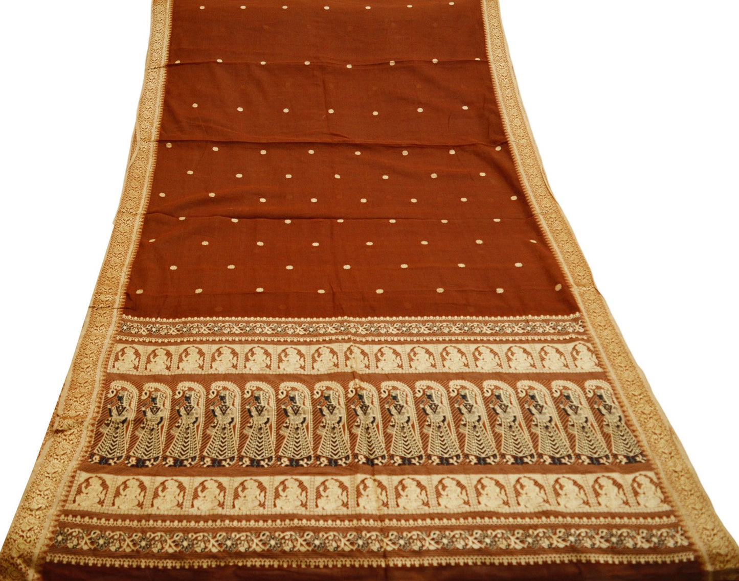 Indian Vintage Sari Brown Pure Cotton Hand Woven Baluchari Saree 5yard Ethnic Lady Design