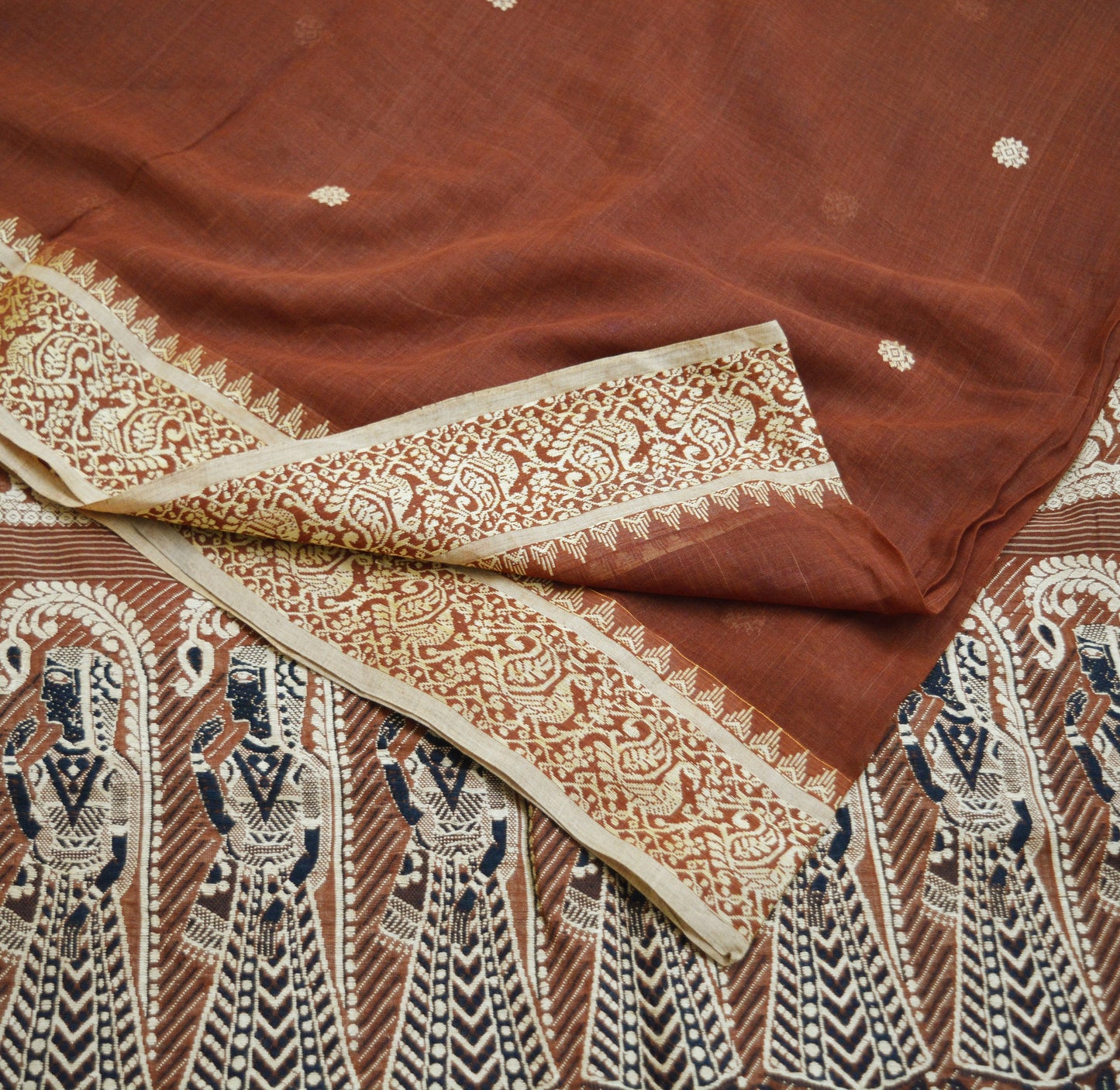 Indian Vintage Sari Brown Pure Cotton Hand Woven Baluchari Saree 5yard Ethnic Lady Design