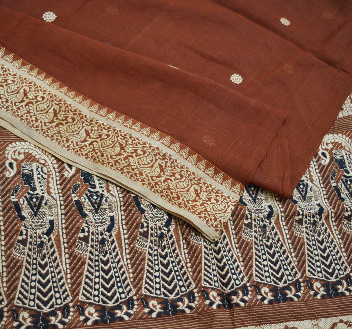 Indian Vintage Sari Brown Pure Cotton Hand Woven Baluchari Saree 5yard Ethnic Lady Design