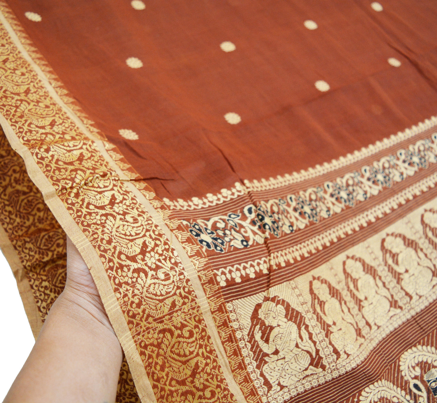 Indian Vintage Sari Brown Pure Cotton Hand Woven Baluchari Saree 5yard Ethnic Lady Design