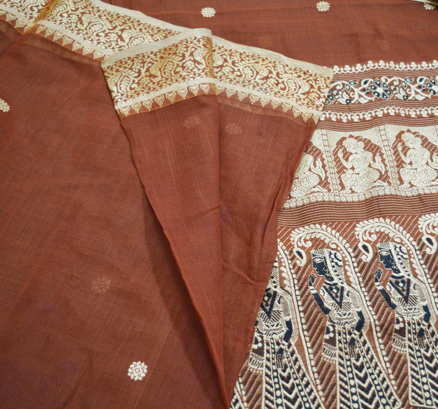 Indian Vintage Sari Brown Pure Cotton Hand Woven Baluchari Saree 5yard Ethnic Lady Design