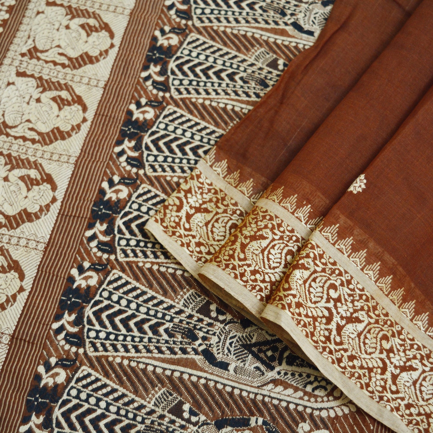 Indian Vintage Sari Brown Pure Cotton Hand Woven Baluchari Saree 5yard Ethnic Lady Design