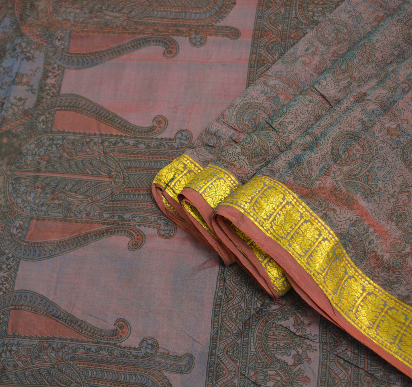 Indian Vintage Saree Maroon & Blue 100% Pure Silk Printed Saree Sari Fabric 6yard Sewing Craft DressMaking Soft Floral Zari