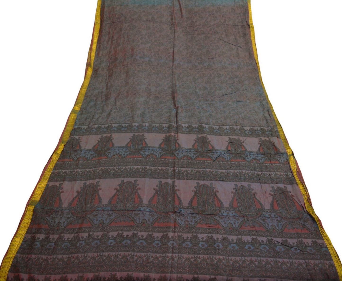 Indian Vintage Saree Maroon & Blue 100% Pure Silk Printed Saree Sari Fabric 6yard Sewing Craft DressMaking Soft Floral Zari