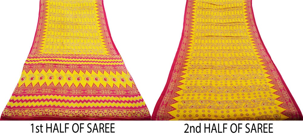 Indian Vintage Sari Pink & Yellow Printed 100% Pure Cotton Saree Craft Soft Fabric 5Yard Sewing Sarong Wrap Boho