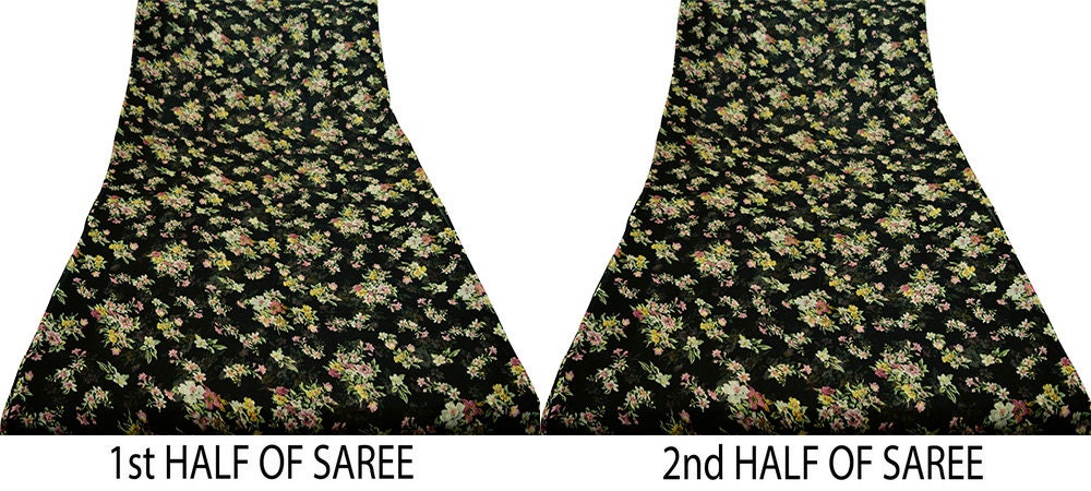 Women Vintage Sari Black Chiffon Printed Saree Craft Fabric Sewing 6Yard Soft Light Sari Dress Making Floral