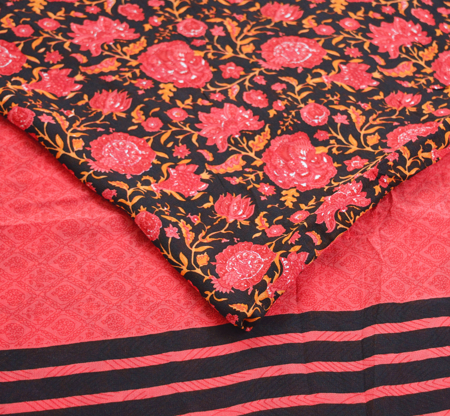Indian Vintage Sari Pink & Black Pure Crepe Silk Printed Saree 5yard Sewing Floral Soft Craft Fabric Ethnic Wrap