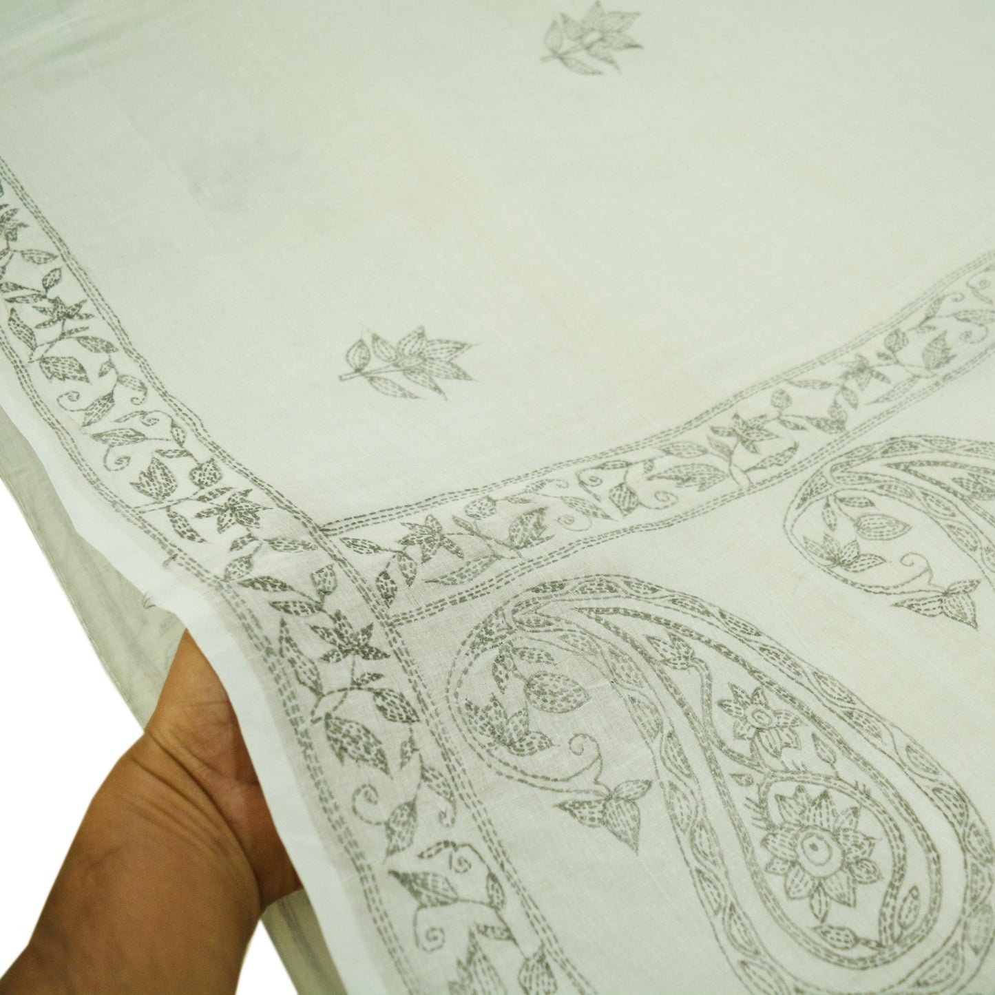Indian Vintage Sari White Pure Cotton Hand Embroidered Kantha Saree Fabric 6yard Sewing Floral Soft Sequins