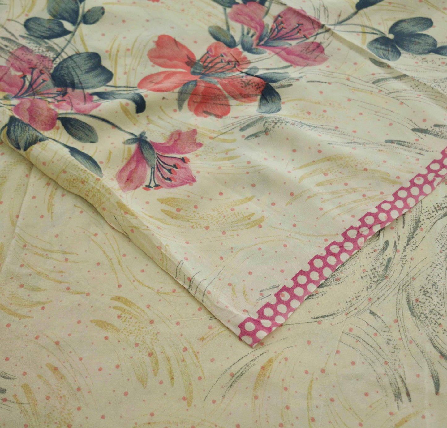 Indian Vintage Sari Beige Pure Crepe Silk Printed Saree 5yard Sewing Floral Soft Craft Fabric Wrap