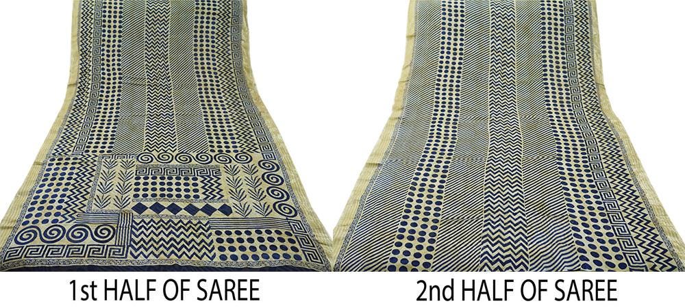 Indian Vintage Sari Beige & Blue Pure Georgette Silk Printed Saree Craft Fabric Sewing 6Yard Soft Light Dress Making Floral