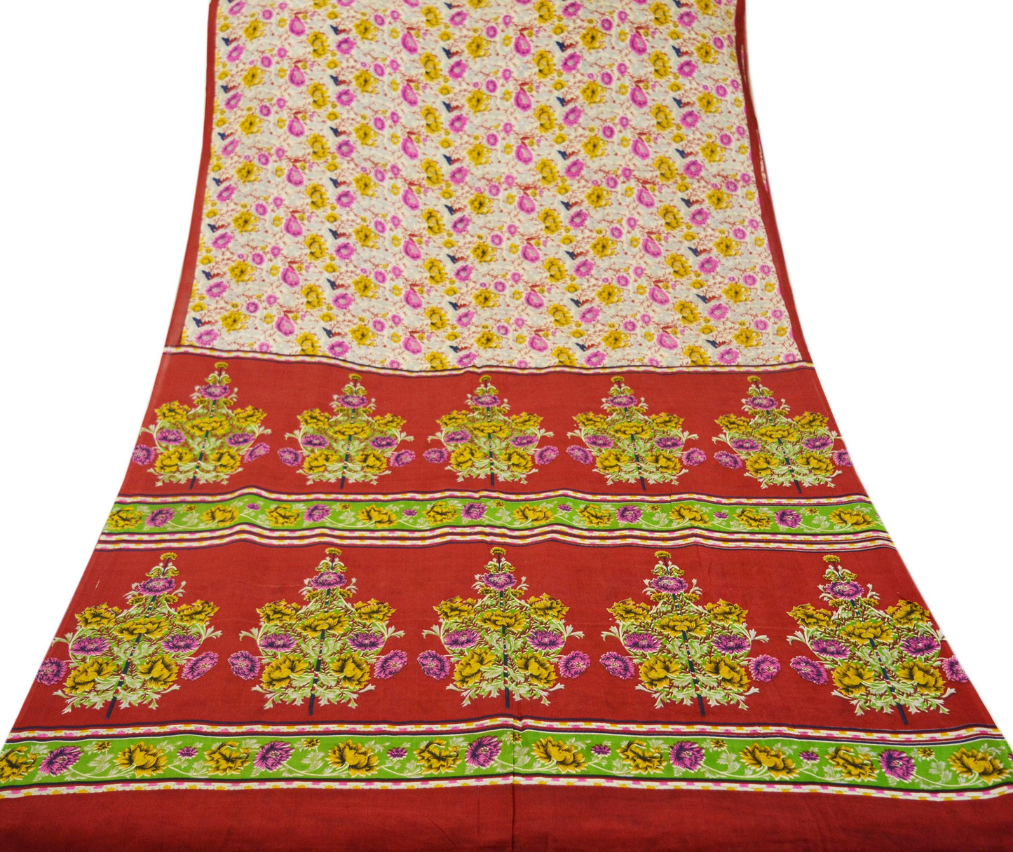 Indian Vintage Sari Ivory & Red Pure Silk Printed Saree 5yd Sewing Craft Fabric DressMaking Soft Wrap Upcycle Used