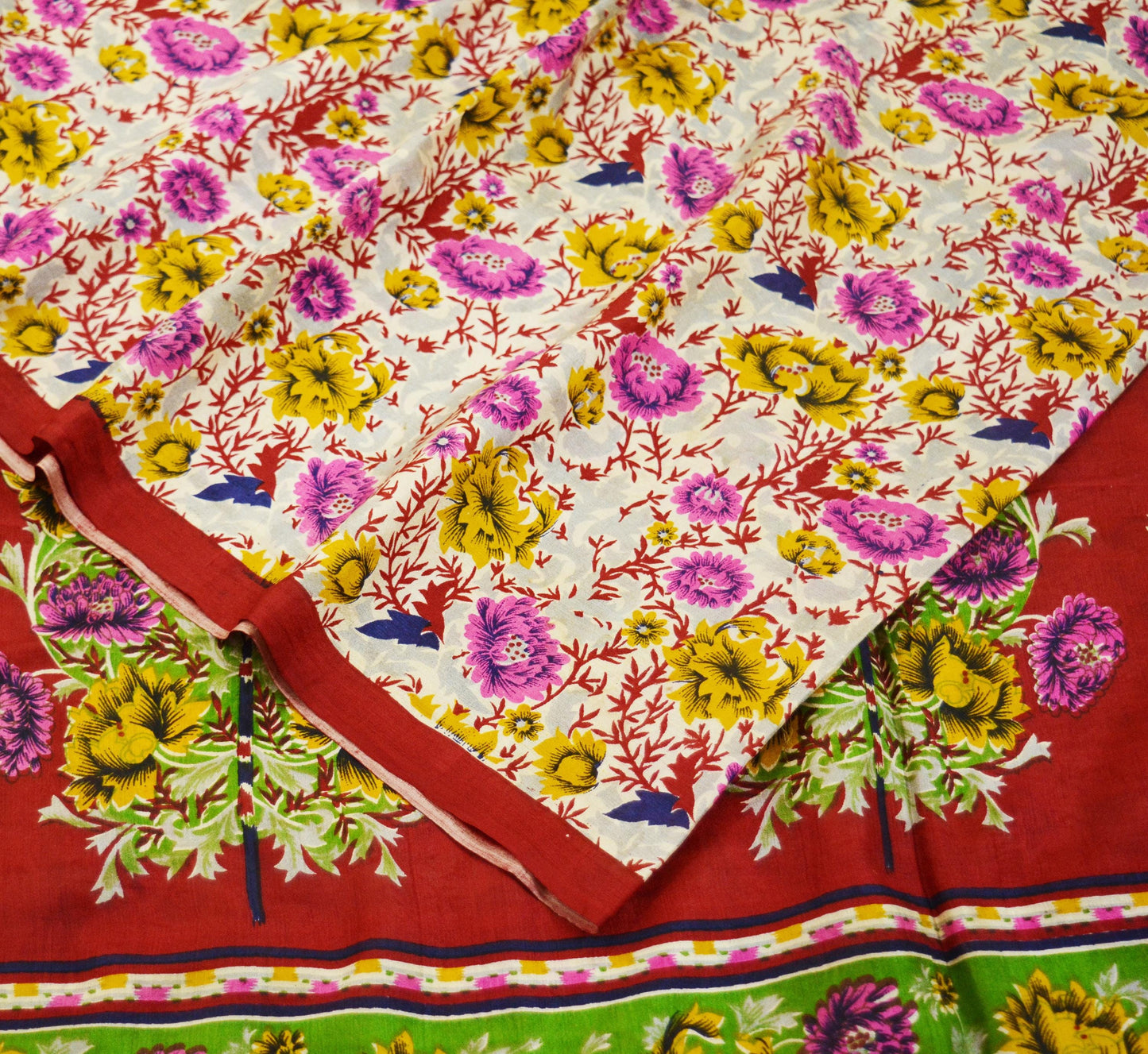 Indian Vintage Sari Ivory & Red Pure Silk Printed Saree 5yd Sewing Craft Fabric DressMaking Soft Wrap Upcycle Used
